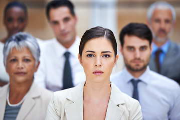 Image showing Portrait, community and group of serious business people with manager, confidence and solidarity at startup. leadership, professional men and women together in office with teamwork, pride and trust