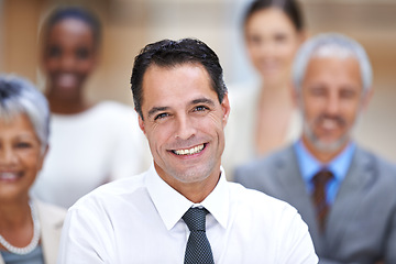 Image showing Portrait, leadership and business people with happy manager, confidence and solidarity at startup. Community, professional men and women together in office with team, pride and smile with employees