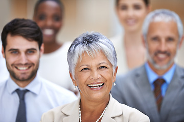 Image showing Portrait, leader and business people with woman CEO, confidence or solidarity at startup. Community, professional men and women together in office with happy team, pride and mature manager with smile