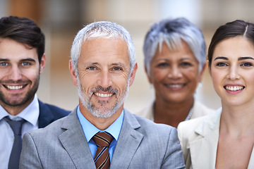 Image showing Portrait, leadership and business people with manager, confidence and solidarity at startup. Community, professional men and women together in office with teamwork, pride and trust with CEO