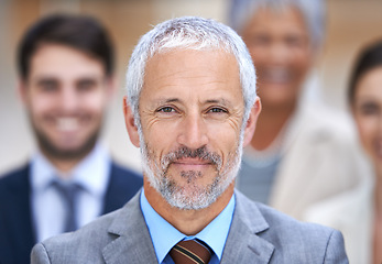 Image showing Business man, portrait and boss for leadership with team, confidence and about us, management or law firm. Face of senior lawyer, employees and group of people with smile or happy for career meeting