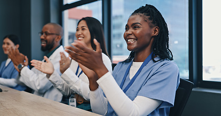 Image showing Teamwork, applause with nurses and doctors meeting with diversity, congratulations and support in onboarding. Medical achievement, men and nurses in office clapping hands at hospital and healthcare