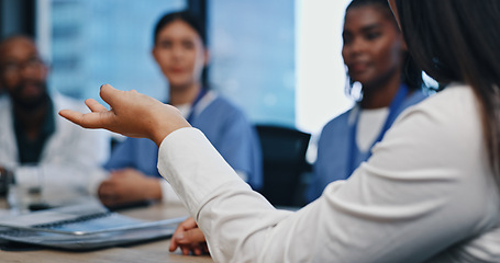 Image showing Team, meeting and hands of doctors in discussion for planning, surgery update and diagnosis in boardroom. Medicine, medical group and people talking in clinic office for solution and collaboration