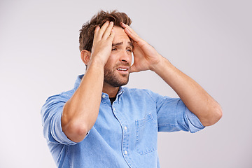 Image showing Stress, panic or sad man with hands on face in studio frustrated by fail, accident or mistake on white background. Anxiety, depression or model overthinking trauma, conflict or overwhelmed by loss
