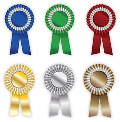 Image showing Award, ribbon and rosettes by white background on banner, abstract and sign for victory in competition. Symbol, token and recognition of achievement for event, occasion, colors and winner or honor