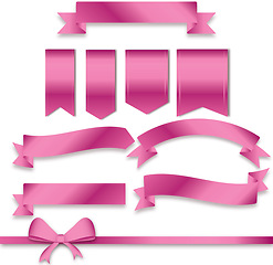 Image showing Pink ribbon, banner and creative decoration or design in studio for gift packaging, advertising and baby shower. Art, template and logo set for party, celebration and wrapping on white background