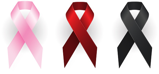 Image showing Ribbon, awareness and bow in studio for support, breast cancer and HIV healthcare icon or sign. Symbol, chest decoration and campaign for solidarity, recognition and mourning on white background