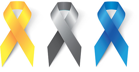 Image showing Ribbon, awareness and bow in studio for support, suicide prevention and healthcare icon or child abuse sign. Symbol, chest decoration and campaign for solidarity and recognition on white background