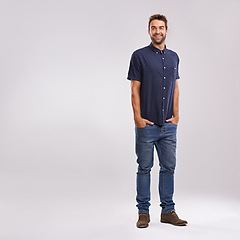 Image showing Creative, businessman and portrait of fashion in studio, background and mockup with confidence. Happy, man and relax in jeans with pride or casual style in business as art director or entrepreneur