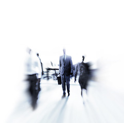 Image showing Workers, blur or business in morning, rush or commute as travel, walk to corporate, office or job. Businesspeople, hurry or crowd as busy, workforce or professionals on abstract white background