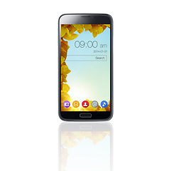 Image showing Phone screen, technology and icons on ui on mobile in studio isolated on white background mockup. Smartphone, cellphone and display of electronics, software or search bar app with time on reflection