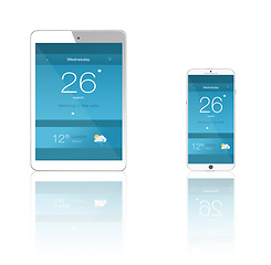 Image showing Smartphone screen, tablet and ui of cellphone in studio isolated on white background mockup space. Phone, technology and display of digital electronics, time or weather app notification on reflection