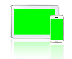 Image showing Tablet, studio and greenscreen with smartphone, mockup and data for mobile interface. High tech, logo and screen for space, connectivity and futuristic social electronics isolated on white background