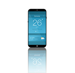 Image showing Phone screen, technology and ui of mobile in studio isolated on a white background mockup space. Smartphone, cellphone and display of digital electronics, software and app icons with weather info