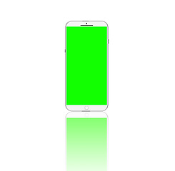 Image showing Smartphone, green screen and mockup in studio for advertising space, display or promotion on white background. Technology, chroma key and mobile phone for announcement, digital branding or marketing