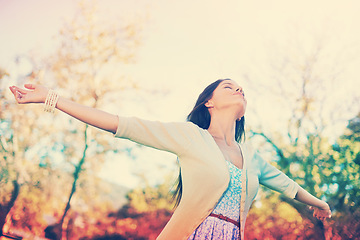 Image showing Woman, relax and peace with freedom in park on holiday or vacation in nature of forest or woods. Girl, outdoor and breathing with zen from fresh air and trees in summer or energy from environment