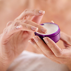 Image showing Woman, hands or cream for beauty, skincare or cosmetics application for moisturiser, soft or smooth skin. Anti aging, closeup or model with product, creme or glow for lotion, dermatology or treatment
