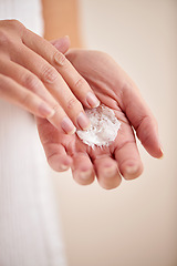 Image showing Woman, hands or lotion product for beauty, skincare or cosmetics application for moisturiser or anti aging. Fingers, closeup or person with smooth skin, creme or cream for glow or dermatology in home