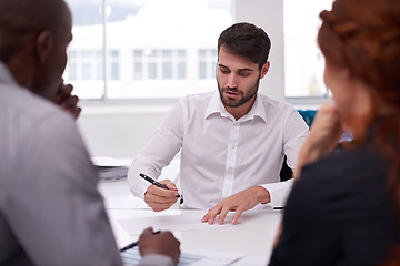 Image showing Meeting, business people and planning in conference room for discussion, collaboration or idea. Office, coworkers and diverse group of employees together for teamwork, review or strategy on project