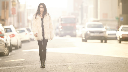 Image showing Woman, fashion and portrait for walk, city or travel outdoor with coat and fur for winter and urban. Young person with jacket for style, luxury and aesthetic for trend and trip for warm and rich