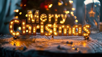 Image showing Brown LED Merry Christmas concept creative horizontal art poster.