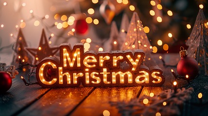 Image showing Brown LED Merry Christmas concept creative horizontal art poster.