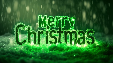 Image showing Green LED Merry Christmas concept creative horizontal art poster.