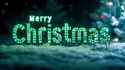 Image showing Green LED Merry Christmas concept creative horizontal art poster.