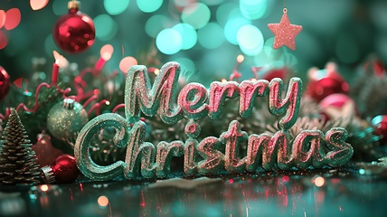 Image showing Holo Glossy Surface Merry Christmas concept creative horizontal art poster.