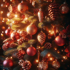 Image showing closeup of beautiful tree with lights and ornaments generative a