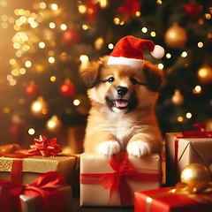 Image showing cute puppy wearing a santa hat