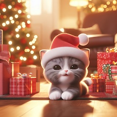 Image showing cute 3d art kitten wearing santa hat