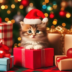 Image showing cute kitten wearing santa hat