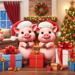 Image showing little pigs wearing santa hats with christmas presents