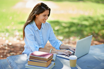 Image showing Laptop, happy woman and books at university campus for studying, learning or assignment research. Pc, search or gen z female student outdoor with notebook for college, education or homework project