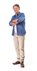 Image showing Portrait, confidence and mature man in studio isolated on a white background mockup space. Arms crossed, fashion or person in casual clothes, jacket or trendy style for pride on backdrop in Australia