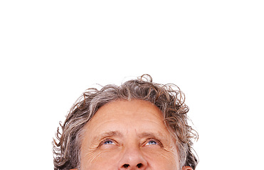 Image showing Looking up, closeup and mature man with thinking, ideas and promotion isolated on white studio background. Senior person, half and mockup space with model and question with decision, option or choice