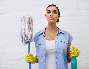 Image showing Mop, spray and portrait of woman cleaning in bathroom, home or hotel with confidence. Housework, mission and proud girl, housekeeper or cleaner service washing dirt, germs and sanitation in apartment