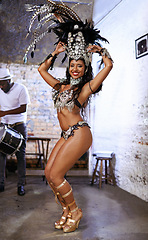 Image showing Women, samba and portrait with show at carnival, band and dancer with smile, culture or creativity in nightclub. Girl, people and dancing to music, stage or fashion for celebration in Rio de Janeiro