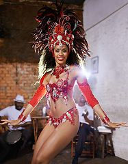 Image showing Portrait, dance and carnival for Brazilian female performer, celebration and traditional festival. Dance, smile or samba for performance in Rio De Janeiro , costume or musical concert for Mardi Gras