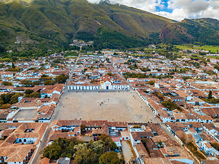 Image showing Aerial view of the Plaza Mayor, largest stone-paved square in South America, Villa de Leyva, Colombia