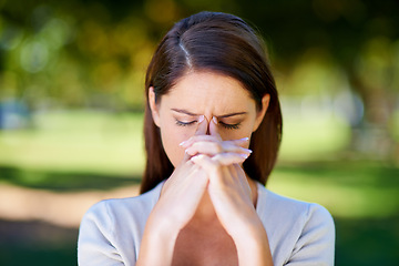 Image showing Woman, frown or mental health as stress, anxiety or headache in need of help, support or wellness. Upset, burnout or tired girl as praying for fatigue, brain fog or crisis to end in nature park