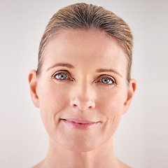 Image showing Results, portrait or mature woman with beauty, confidence or pride in studio on white background. Facial treatment, skincare benefits or natural female model with glow, shine or anti aging cosmetics