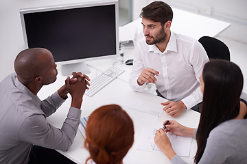 Image showing Coworkers, business and meeting in conference room for collaboration, discussion or planning. Office, colleagues and diverse group of employees together for teamwork, review or strategy on project