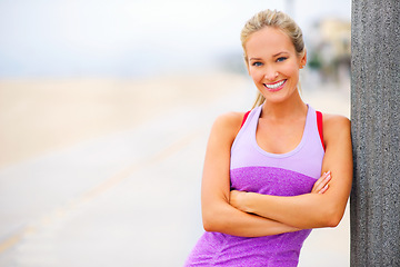 Image showing Outdoor, portrait or woman with arms crossed for running training, exercise mockup or workout in Greece. Confident lady, happy or sports athlete with smile ready for practice for wellness or fitness