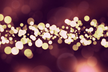 Image showing Bokeh, circle and sparkle wallpaper with lights for abstract pattern, design or texture of a background. Lens flare and space of color, lighting or blur texture of element, glitter or effect at night