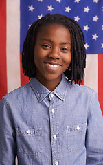 Image showing Black child, portrait and happy by American flag or background for citizenship, education and vote. Smile and face of a young kid, student or boy from the USA with support for country and patriotism
