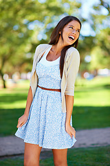 Image showing Girl, laugh or thinking of spring, fashion or designer boutique couture as trendy outfit in garden. Smile, woman or planning as vision, idea or memory of stylish, casual or clothing to relax or play