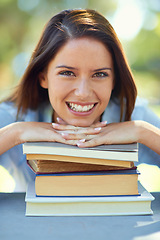 Image showing Portrait, happy woman or books at university campus for studying, learning or assignment research. Face, smile or gen z female student outdoor with notebook for college, education or reading homework