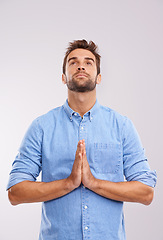 Image showing Man, praying and worship with praise for God, seek help and advice for guidance with hands together on white background. Spiritual, faith and gratitude with thanks, religion and forgiveness with hope